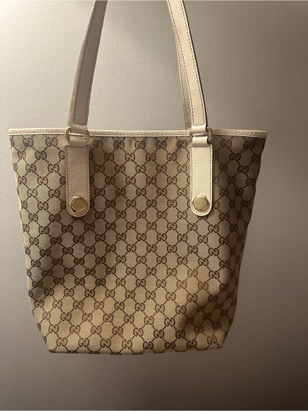 Gucci Beige GG Canvas Tote with Cream Leather Trim